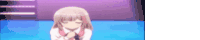 a girl in a white shirt and tie is praying in front of a purple background .