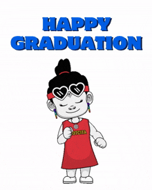 a happy graduation card with a girl wearing sunglasses and a red dress