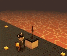 a video game character is standing next to a sword and a book