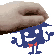 a hand is holding a blue cartoon character with arms and legs .