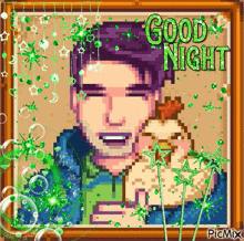 a pixel art of a man holding a chicken with the words good night written in green