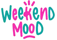 the word weekend mood is written in pink and blue