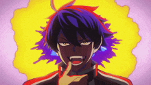 a cartoon character with a purple and yellow background has his tongue out