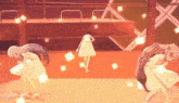 three anime girls are dancing on a stage and the word menu is on the bottom right corner