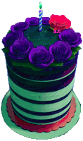 a birthday cake with purple roses and a candle with the letters ac on it