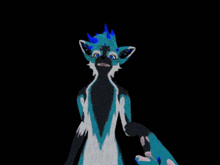 a blue and white furry animal with its arms outstretched against a black background