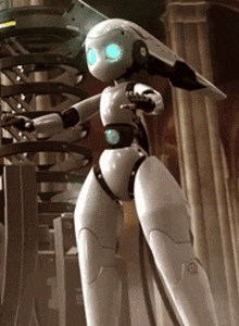 a white robot with blue eyes is standing in front of a staircase