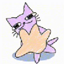a drawing of a purple cat being held by a person 's hand