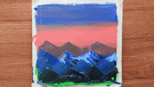 a painting of a mountain range with a pink sky