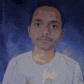 a man with a mustache is wearing a white t-shirt with a logo on it
