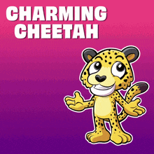 a cartoon cheetah is on a purple background with the words charming cheetah above it