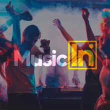 a group of people are dancing with the word music in behind them
