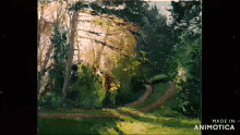 a painting of a path surrounded by trees is made in animatica