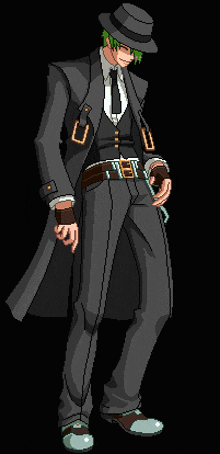 a pixel art drawing of a man wearing a suit and hat