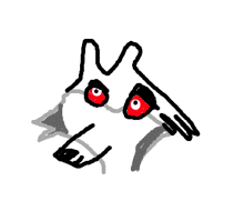 a drawing of a wolf with red eyes on a white background .