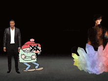 a man in a suit is standing next to a cartoon character wearing sunglasses