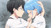 a girl with blue hair is kissing a boy 's forehead in a cartoon