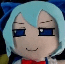 a close up of a stuffed doll with blue hair and blue eyes .