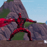 deadpool in a video game with a flashlight on the bottom right