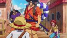 a man in a straw hat with a sword on his back stands in a cartoon scene