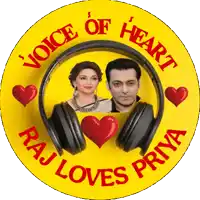 a picture of a man and a woman with headphones and the words " voice of heart raj loves priya "