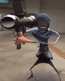 a cartoon character is holding a rocket launcher with a sign that says supply in the background