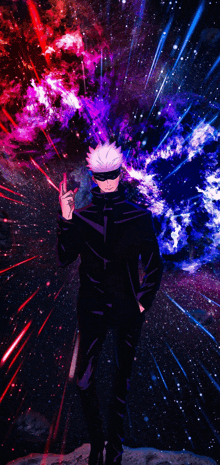 a man is standing in front of a galaxy and holding a gun