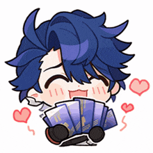 a cartoon character with blue hair is holding a fan in his hands