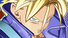 a close up of a cartoon character 's face with yellow hair and blue eyes