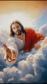 a painting of jesus in the clouds with his hand outstretched