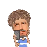 a cartoon drawing of a man holding a cell phone with hearts around him