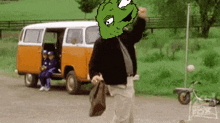 a cartoon of a man standing in front of a van that says family fox on the side