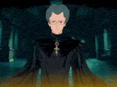 a cartoon character with glasses and a cross on his neck is standing in a dark room .