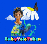 a baby sitting on top of a turtle with a butterfly and the words baby yolotoken