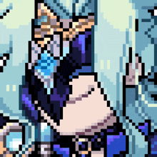 a pixel art drawing of a person in a blue dress