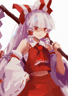 a drawing of a girl with white hair and a red shirt that says maaaa