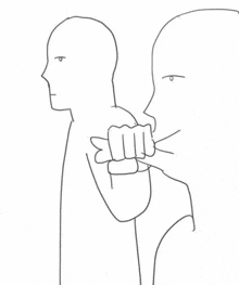 a black and white drawing of a man holding another man 's fist in front of his face .