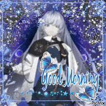 a picture of a girl with long white hair and the words good morning