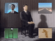a man in a suit and tie is sitting in front of a wall with pictures of him on it