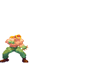 a pixel art of a man jumping in the air with his hands behind his head .