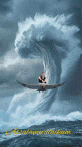 a picture of a man riding an eagle over a stormy ocean with the words " assalamu'alaikum " below it