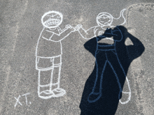 a chalk drawing of a boy and a girl with the letters xt on the bottom right