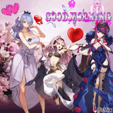 a good morning greeting card with three anime girls