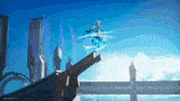 a computer generated image of a futuristic city with a blue sky and a few buildings and a bridge