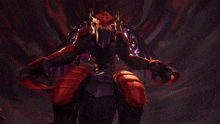 a purple and red monster with horns and claws is in a dark room