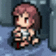 a pixel art of a girl with red hair and red eyes sitting on a chair .