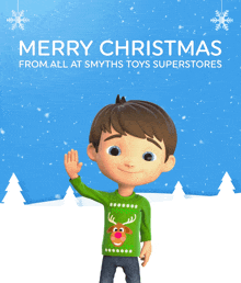 a boy wearing a green sweater with a reindeer on it is standing in the snow