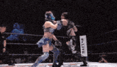 two women are wrestling in a ring and one of them is wearing a mask