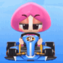 a cartoon girl with pink hair is driving a blue kart .