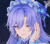 a close up of a girl with purple hair and a blue flower in her hair